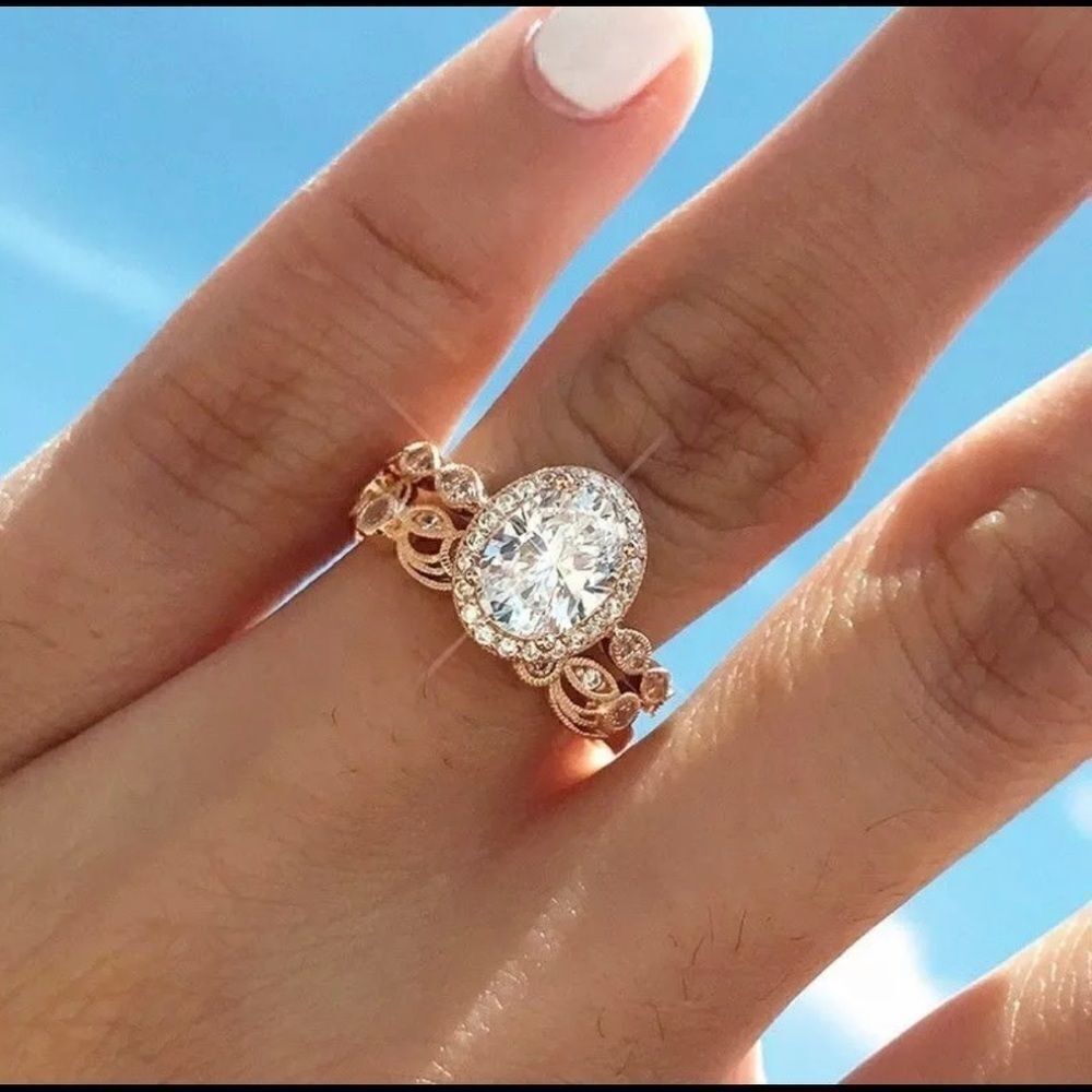 Romantic Princess Cut Rose Gold PLATED Ring Set